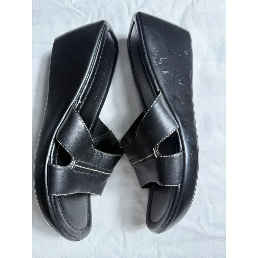 Vintage Y2K Nine & Company Womens Black Wedge Sandals Slide Platform  Size 9